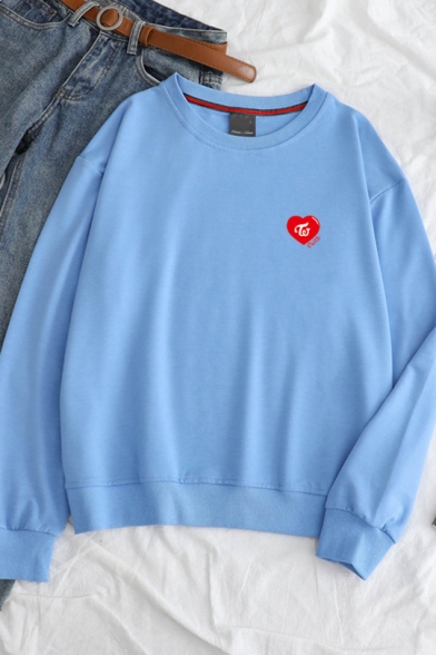 Simple Letter Heart Printed Long Sleeve Round Neck Pullover Relaxed Sweatshirt