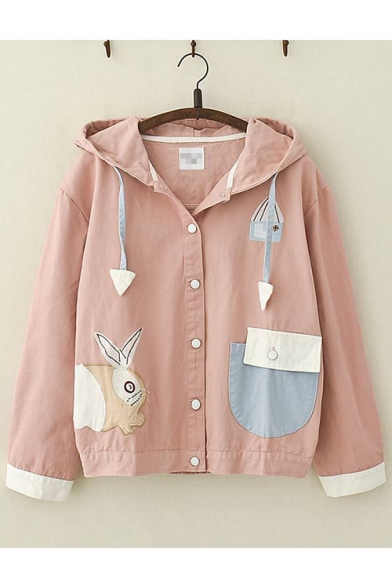 Students Cute Cartoon Rabbit Embroidered Loose Casual Hooded Jacket Coat