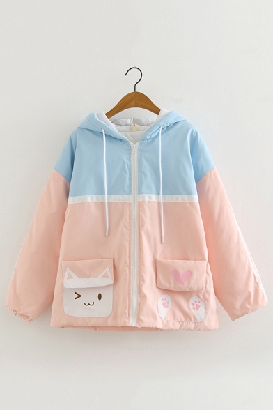 Students Preppy Style Cat Pattern Patchwork Color Block Striped Long Sleeve Zip Up Ear Hooded Jacket