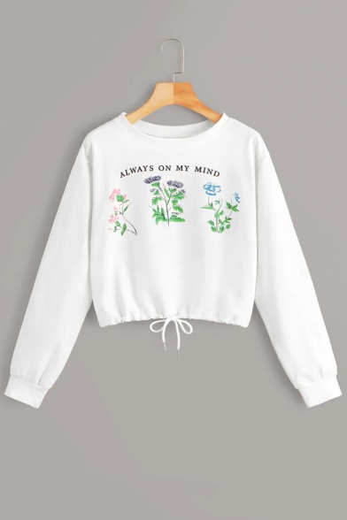 Always On My Mind Floral Plants Print Drawstring Hem White Crop Sweatshirt