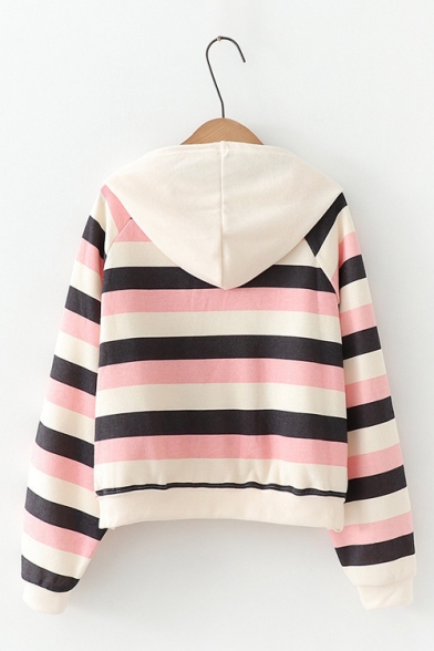 Color Block Striped Printed Long Sleeve Loose Hoodie For Girls