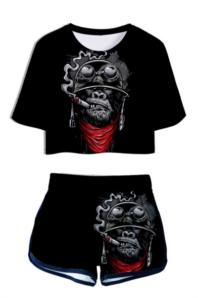 Cool Funny 3D Crown Gorilla Printed Short Sleeve Crop Tee with Dolphin Shorts Two-Piece Set
