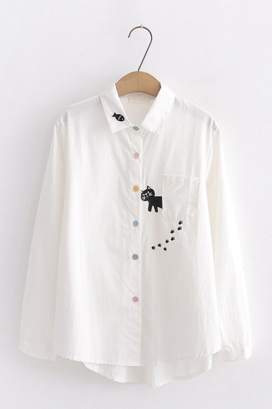 Cute Cat Embroidered Pattern Long Sleeve Button Down Loose Striped Shirt