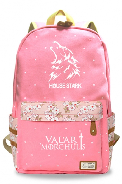 Fashion House Stark Wolf Head Floral Print Canvas School Bag Backpack 30*14.5*42cm
