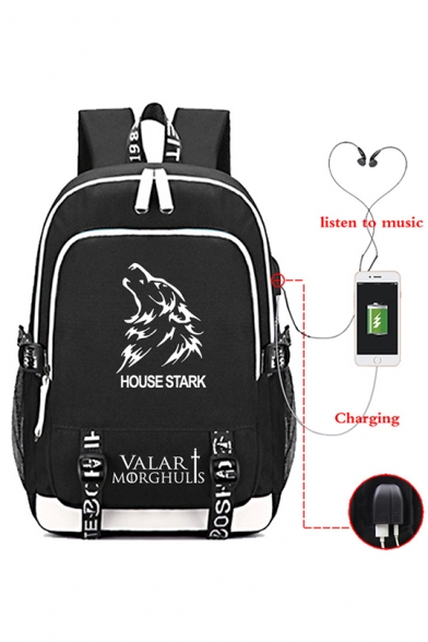Fashion House Stark Wolf Head Printed Large Capacity USB Charge Laptop Bag School Backpack 30*15*44cm