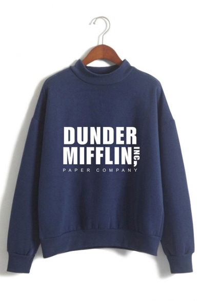 Fashion Letter Dunder Mifflin Printed Mock Neck Long Sleeve Pullover Sweatshirt