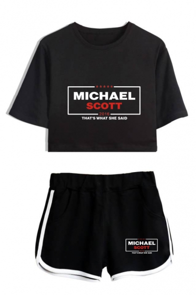 Fashion Letter Michael Scott Print Short Sleeve Crop Tee with Dolphin Shorts Two-Piece Set