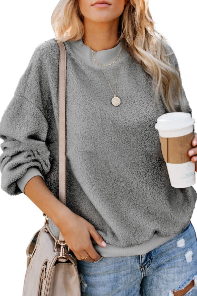 Fashionable Plain Faux Fur Round Neck Long Sleeve pullover Sweatshirt