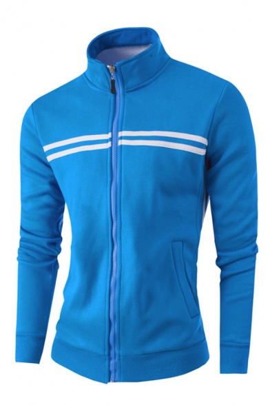 Guys Popular Fashion Contrast Stripe Pattern Long Sleeve Stand Collar Sports Zip Up Hoodie