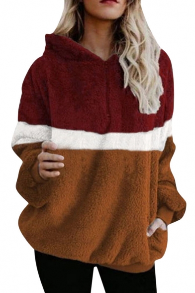 Hot Fashion Half-Zip Front Color Block Long Sleeve Fluffy Teddy Hoodie