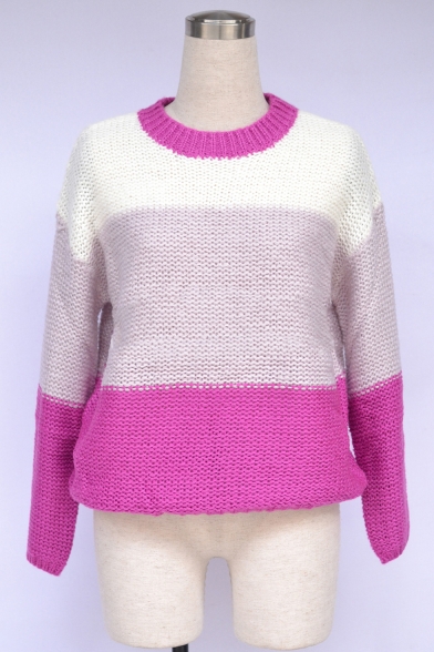 Ladies Popular Patchwork Print Round Neck Bloomer Sleeve Chunky Knit Sweater