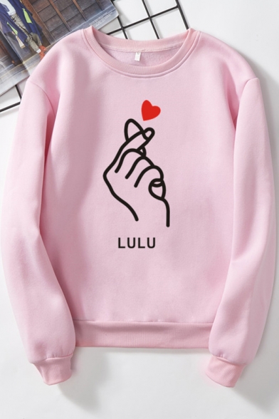 LULU Letter Heart Gesture Printed Crewneck Long Sleeve Pullover Sweatshirt