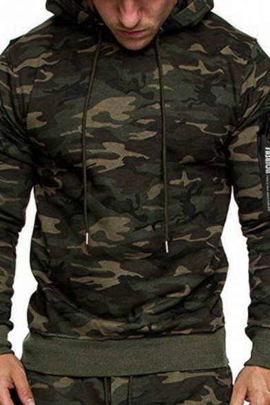 Men's Classic Camouflage Print Long Sleeve Slim Fitted Casual Pullover Drawstring Hoodie