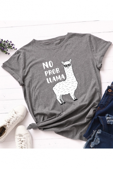 NO PROB LLAMA Letter Alpaca Printed Short Sleeve Round Neck Loose Casual T-Shirt