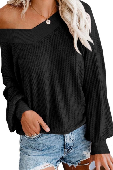 Stylish Plain V-Neck Off the Shoulder Long Sleeve T-Shirt