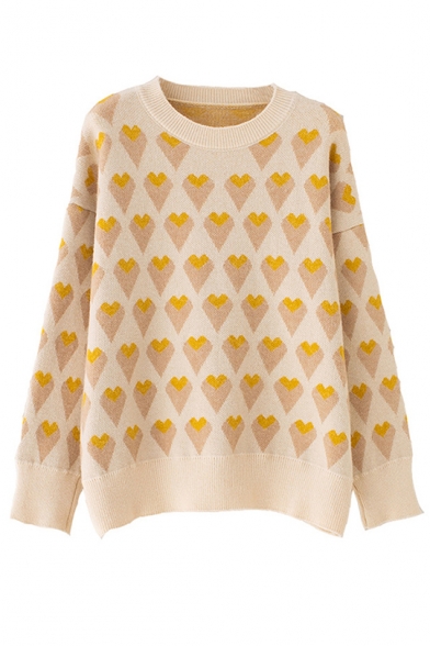 Stylish Womens Lovely Heart Print Round Neck Bloomer Sleeve Sweater