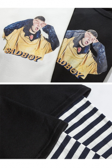 Trendy Letter SAD BOY Figure Printed Contrast Striped Long Sleeve Fake Two-Piece Unisex Casual Sweatshirt