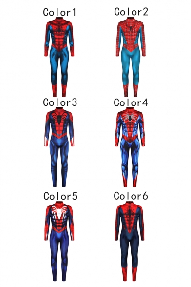 Cool 3D Blue and Red Spider Printed Long Sleeve High Neck Slim Fitted Cosplay Costume Jumpsuits
