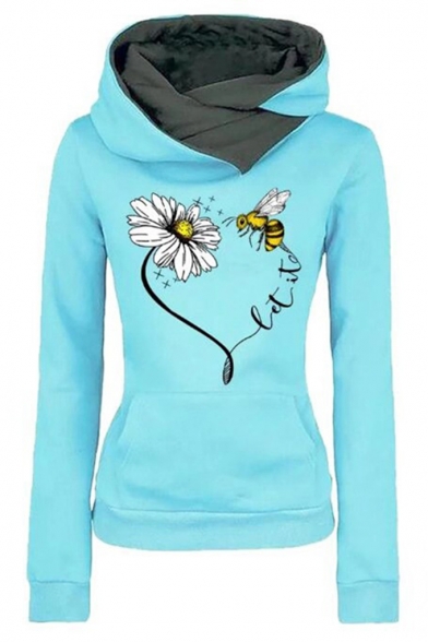 Cute Bee And Flower Printed Long Sleeve Hoodie With Pocket