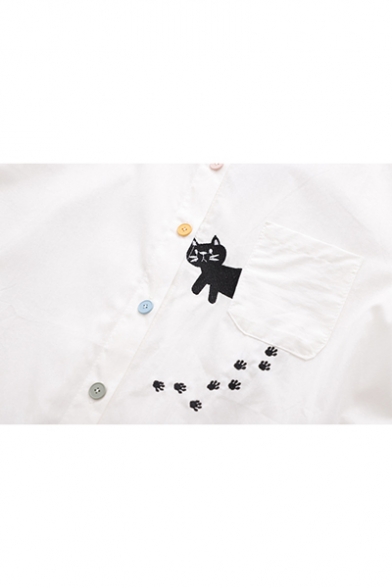 Cute Cat Embroidered Pattern Long Sleeve Button Down Loose Striped Shirt