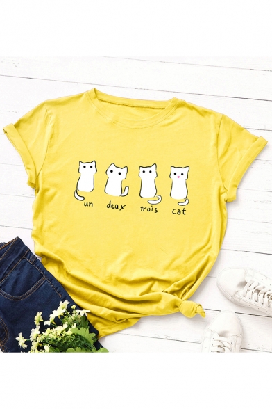 Cute Cat Pattern Basic Round Neck Short Sleeve T-Shirt