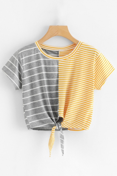 Fashion Color Block Stripe Printed Round Neck Short Sleeve Tied Hem Crop Tee