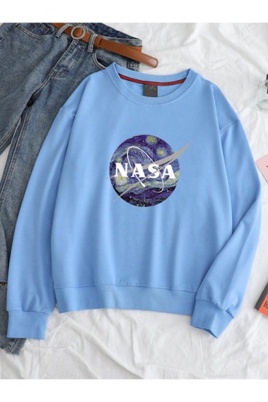 Fashion Galaxy NASA Logo Print Crew Neck Long Sleeve Loose Leisure Sweatshirt