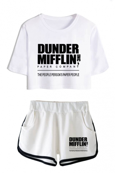 Fashion Letter Dunder Mifflin Printed Short Sleeve Crop Tee with Dolphin Shorts Two-Piece Set