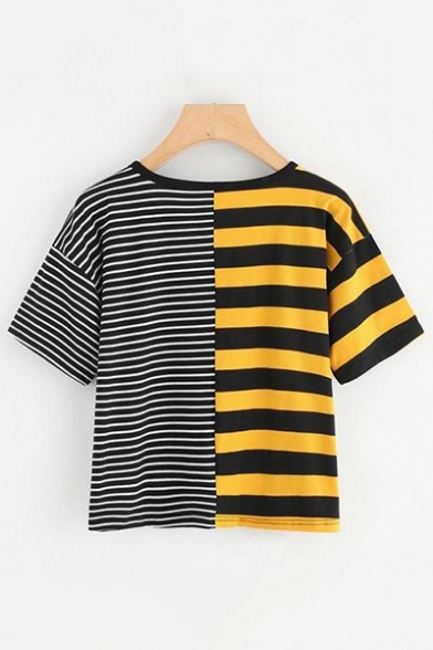 Fashionable Striped Pattern Round Neck Short Sleeves Summer T-shirt