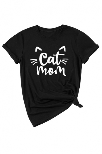 Funny Cartoon Letter Cat Mom Printed Basic Round Neck Short Sleeve Leisure T-Shirt