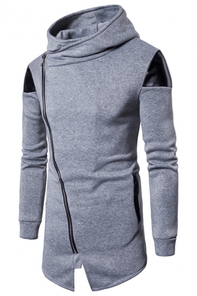 Mens Cool Fashion Solid Color Leather Patched Long Sleeve Slim Fit Casual Zip Up Longline Hoodie