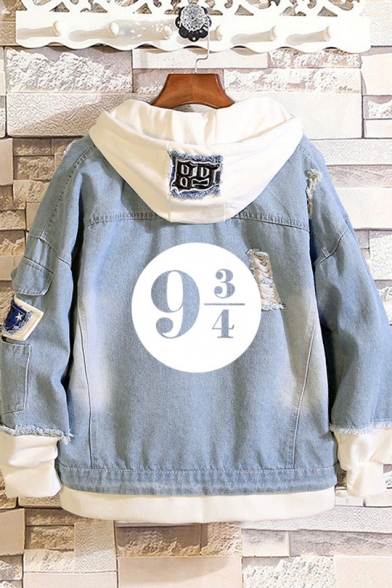 New Trendy Fashion Logo Printed Patched Hooded Buttons Down Ripped Denim Jacket