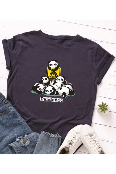 Pandemic Letter Cute Panda Printed Round Neck Short Sleeve Casual Loose Summer T-Shirt