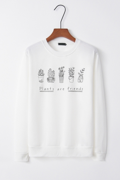 Simple Letter Plants Are Friends Print Round Neck Long Sleeves Sweatshirt