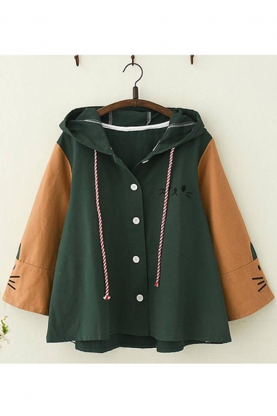 Students Preppy Style Cartoon Cat Color Block Long Sleeve Buttons Down Loose Jacket