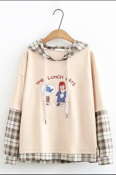 THE LUNCH DATE Letter Embroidered Cartoon Figure Printed Plaid Patchwork Long Sleeve Loose Relaxed Hoodie