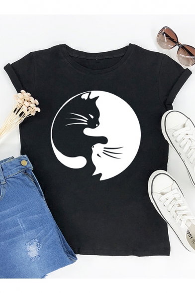 Cute Black and White Cat Printed Round Neck Short Sleeve Cotton Loose Tee