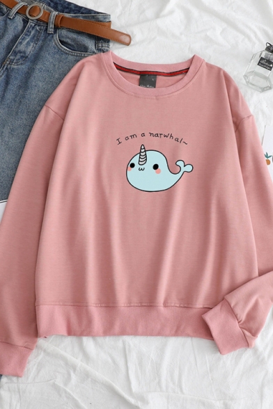 

Cute Cartoon Narwhal Letter I Am A Narwhal Printed Long Sleeve Round Neck Loose Sweatshirt, Black;blue;pink;red;white;gray;yellow, LC563802