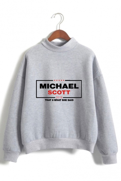 Fashion Letter Michael Scott Printed Mock Neck Long Sleeve Pullover Sweatshirt