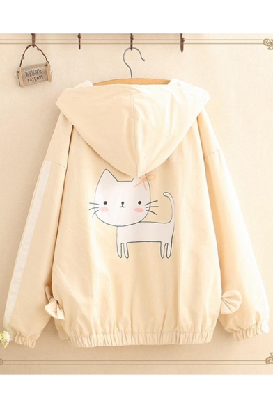 Girls Cute Cat Patter Casual Loose Leisure Hooded Long Sleeve Zip Up Jacket Coat With Pockets