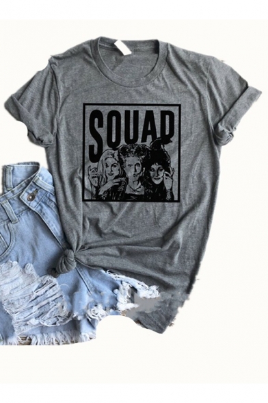 Halloween Squad Figure Printed Round Neck Short Sleeve Leisure T-Shirt