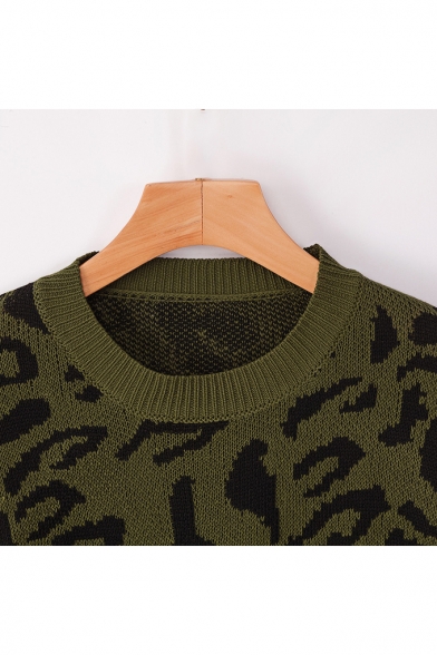 New Arrival Leopard Print Round Neck Bloomer Sleeve Shaggy Sweater for Women