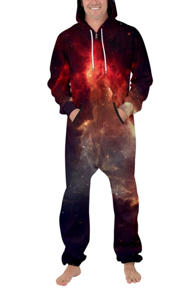 New Fancy 3D Purple Starry Galaxy Printed Long Sleeve Zip Up Unisex Jumpsuits