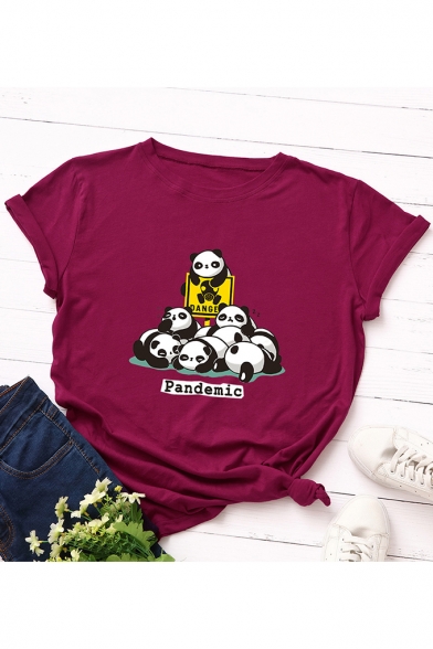 Pandemic Letter Cute Panda Printed Round Neck Short Sleeve Casual Loose Summer T-Shirt