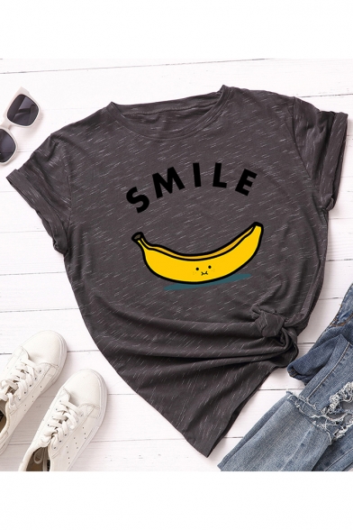 SMILE Letter Banana Printed Round Neck Short Sleeve T-Shirt