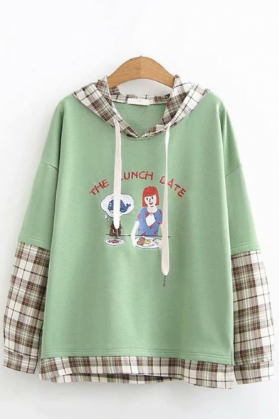 THE LUNCH DATE Letter Embroidered Cartoon Figure Printed Plaid Patchwork Long Sleeve Loose Relaxed Hoodie
