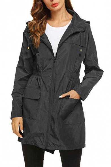 Womens New Stylish Simple Plain Elastic Waist Outdoor Hooded Zip Up Windbreaker Mountain Coat