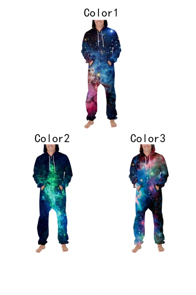 Fancy 3D Universe Starry Galaxy Printed Long Sleeve Zipper Front Sport Loose Jumpsuits