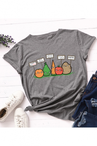 Funny Vegetables Letter Printed Round Neck Short Sleeve Casual Loose Summer T-Shirt