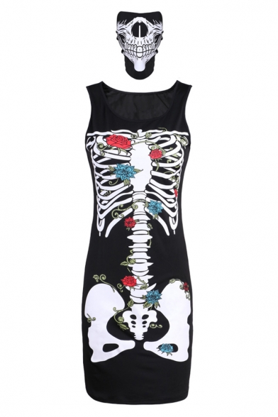 Hot Popular Halloween Black Scary Monster Skull Skeleton Pattern Sleeveless Mini Bodycon Dress